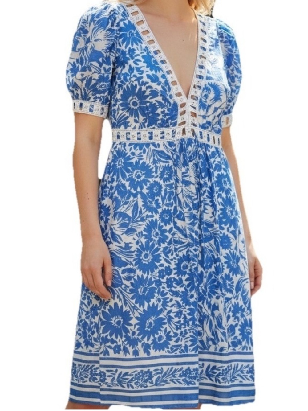 Shoshanna Blue and White Floral V-Neck Midi Dress